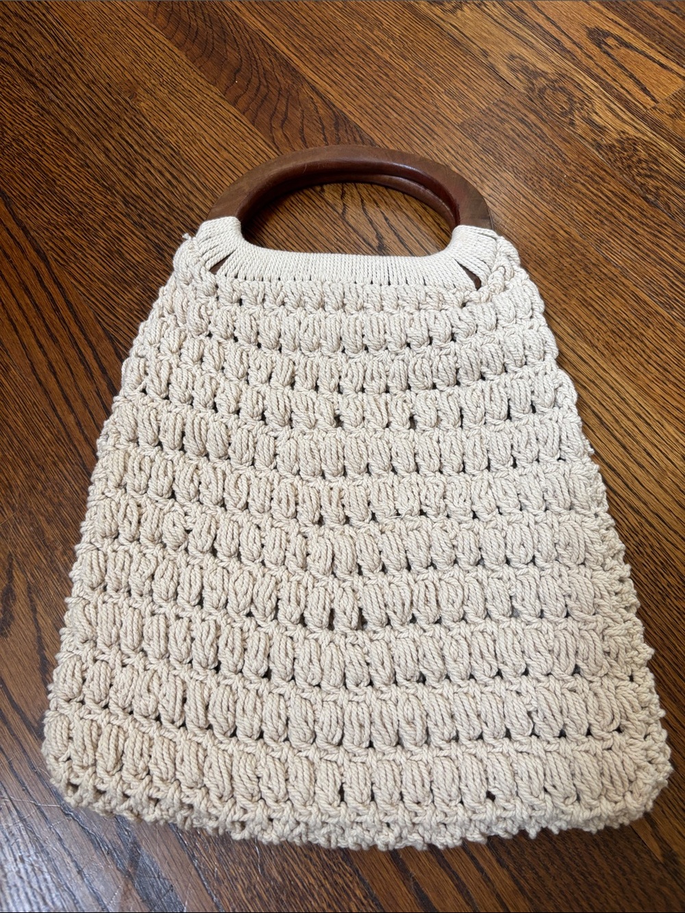 Cream Crochet Tote with Wooden Handles macrame woven crochet